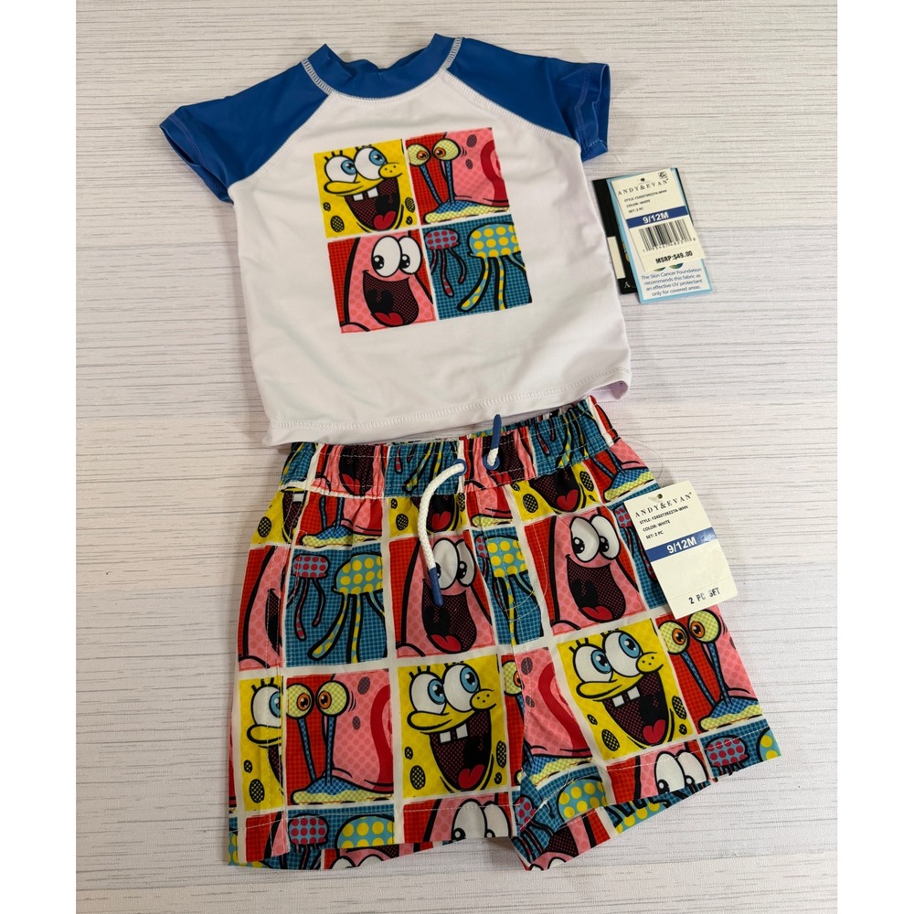 Andy & Evan SpongeBob SquarePants Rash Guard Swim Trunks Set 9/12M